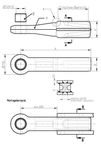 50 mm Heavy duty drawbar eye to weld in tow bars 90 x 75 mm H-profile - JECO